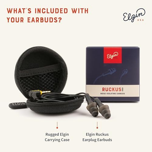 Elgin Ruckus+ OSHA Compliant Earplug Earbuds – 25 d B Noise Reduction Wired Headphones with Built-in Mic for Clear Communication – Sweatproof Design for Construction & Industrial Use – Enhanced Device Compatibility for Seamless Connectivity and Comfort
