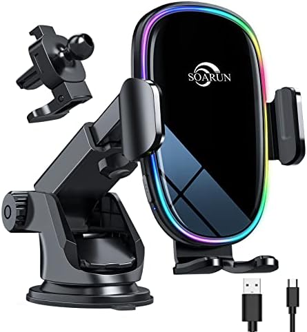 SOARUN Wireless Car Charger Mount with Dynamic 7-Color LED Backlight – 15 W Fast Charging Auto-Clamping Phone Holder for i Phone 14 Pro, 13, 12 & Samsung S23 Ultra, S22 – Enhanced Compatibility & 360-Degree Rotation for Safe Driving and Optimal Viewing