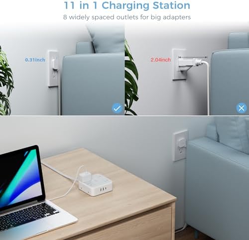 TESSAN Power Strip Tower Surge Protector: 8 AC Outlets & 3 USB Ports (1 USB-C) with 900 Joules Protection, 5 FT Flat Plug Extension Cord – Ultimate Desk Charging Station for Home Office and Dorm Room Efficiency