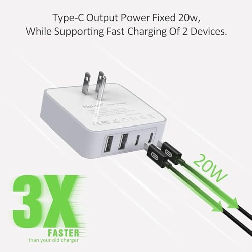 Nekmit 52 W 4-Port USB C Fast Wall Charger – Ultra-Slim Type-C Charging Station with Dual 20 W PD 3.0 Ports & 2 USB Ports for i Phone 14/14 Pro/Pro Max, i Pad Pro, Galaxy, and More – Efficient Multi-Device Charging Solution for Home & Travel