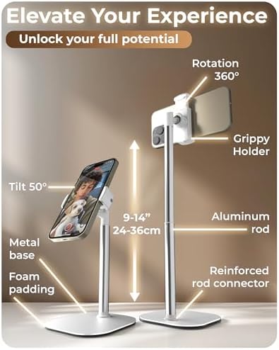 Cooper ChatStand Adjustable Cell Phone Stand for Desk & Video Recording, Rotating Cell Phone Holder for Desk for All iPhone, Samsung, Android, 9-14″ Face-Level Metal Desktop Tripod (Frost White) – Enhanced Compatibility and Speed