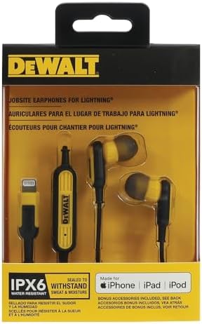 DEWALT Heavy Duty Lightning Earphones – Ultimate Jobsite Headphones for i Phone 14 and Older, Water-Resistant Design for Superior Durability, Enhanced Audio Clarity, Ergonomic Fit for Long-Lasting Comfort, Ideal for Professionals on the Go