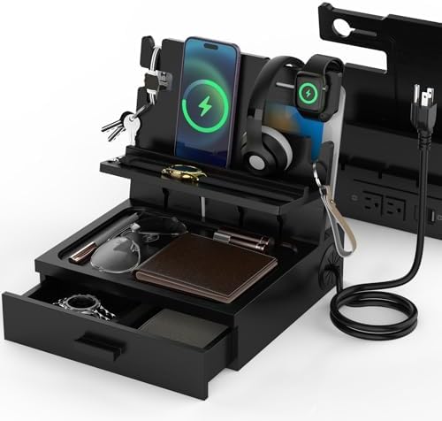 Nightstand Organizer with Charging Station, Wood Docking Station with USB Ports and Outlets, Gifts for Men, Bedside Holder with Drawer for Kindle,Phone,Key, Watch & Accessories (Classic Black) – Enhanced Compatibility and Speed