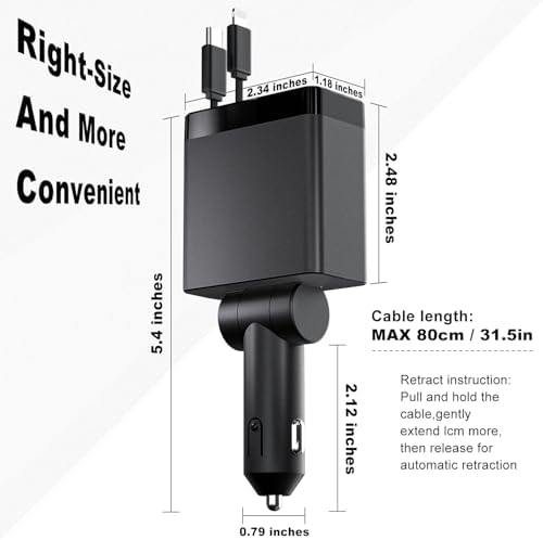 Ultimate 4-in-1 Retractable Car Charger with 2.6 ft Tangle-Free Cord – Fast Charging Solution for i Phone 16 & Android Devices, Perfect for Backseat Passengers – Compact & Durable Design for Travelers Seeking Efficiency and Organization
