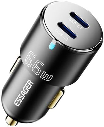 Essager 66 W All-Metal Dual Port Fast Car Charger – USB-C Cigarette Lighter Adapter for Rapid Charging of i Phone 16/15/14/13/12 Pro Max, Mac Book, i Pad, and Samsung Galaxy S24/S23 – Compact Design with PD/PPS/QC3.0 Technology for Enhanced Speed and Versatility