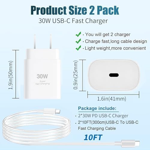 30 W USB-C Super Fast Charger Block with 10 FT Type C Cable – Optimal Charging Solution for i Phone 16/15 Pro & Galaxy S25 Ultra – Enhanced Portability & Rapid Power Delivery for All Devices