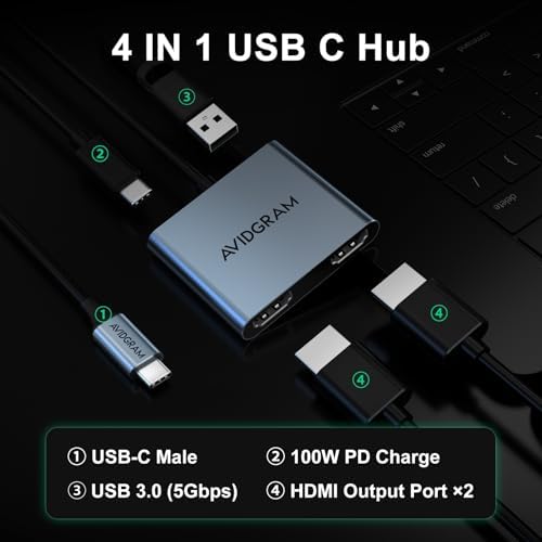 AVIDGRAM USB C to Dual HDMI Adapter – Unlock Stunning 4 K Dual Display Power with Versatile Multiport Hub Featuring USB 3.0 and 100 W Power Delivery – Elevate Your Work and Play with Seamless Connectivity for Laptops, Gaming, and Presentations – Ideal for Professionals on the Go