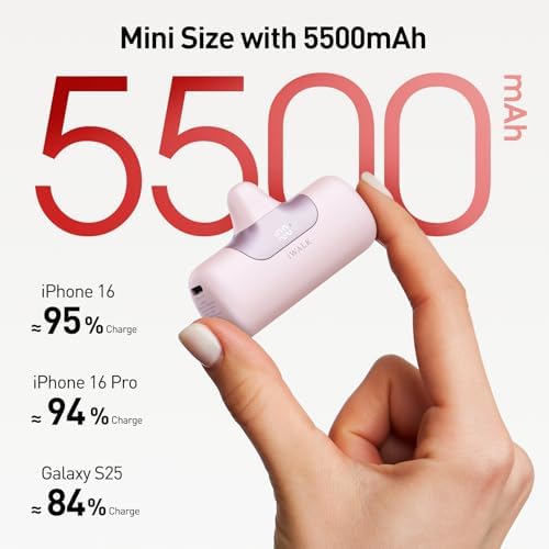 Compact Pink i WALK 5500 m Ah Power Bank – Ultra-Fast 22.5 W USB-C Charger for i Phone 16/15, Samsung Galaxy S25/S24/S23, i Pad – Lightweight Portable Battery for On-the-Go Charging and Enhanced Compatibility