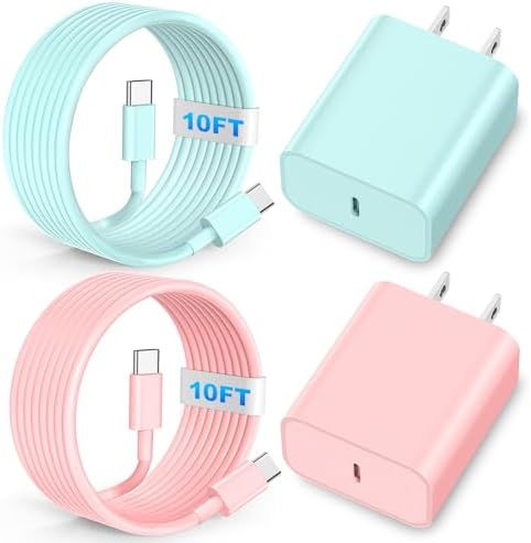 Lightning-Fast 20 W USB-C Wall Charger & 10 FT Cable for i Phone 15/16/Plus/Pro Max – Sleek Pink-Blue Power Adapter for Ultimate Charging Performance and Versatile Use