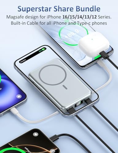 Magnetic 10000 m Ah Portable Power Bank with Built-in Cable – 5-in-1 Fast Charger for i Phone 16/15/14/13 Pro/Pro Max & Samsung – Ultimate Compatibility & Quick Charging Solution for On-the-Go Users