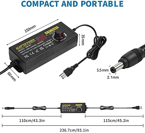 Versatile 3 V-24 V Adjustable Power Supply Adapter – 5 A 120 W AC/DC Converter with 14 DC Tips & Polarity Switch for Seamless Compatibility with LED Strips, Printers, Speakers – Efficient High-Speed Power Solution for Home and Travel Use