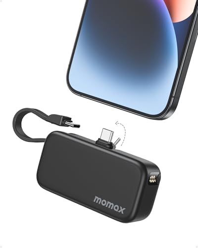 Momax 5000 m Ah Portable Power Bank with Integrated Foldable USB-C Connector & Fast Charging Cable – Ultimate On-the-Go Charger for i Phone 15, Android Devices, Laptops, i Pads, and Air Pods with Digital Battery Display for Enhanced Mobility and Convenience