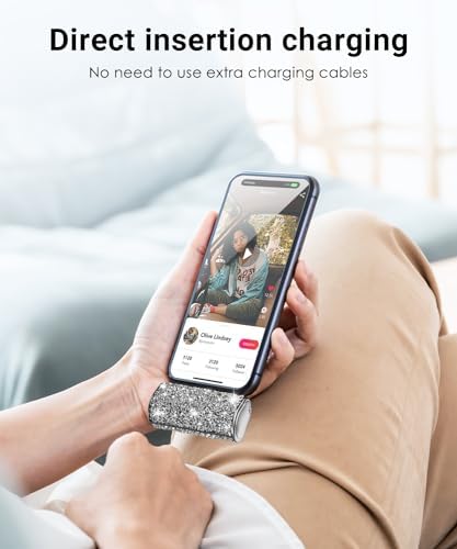 Chic Gray Bling Portable Power Bank – 6800 m Ah Fast Charger with Type-C Connector and Built-in Flashlight for i Phone 15 & Android Devices – Ultra-Compact Design for Stylish On-the-Go Charging and Emergency Preparedness