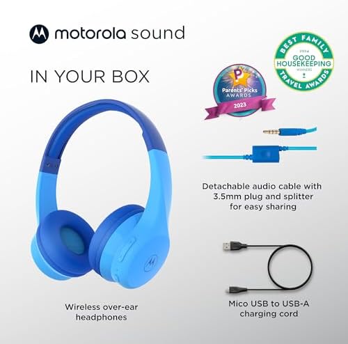 Motorola JR300 Bluetooth Toddler Headphones – Safe 85 d B Volume-Limited Over-Ear Headset with Built-in Microphone and Audio Splitter – Comfortable, Stylish Blue Headphones for Learning and Play at Home or School