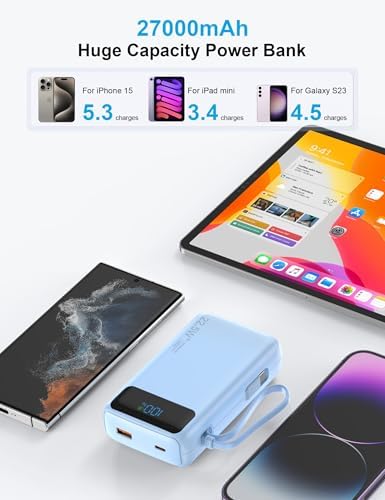 High-Capacity 27000 m Ah Portable Power Bank with Built-In Cable for i Phone 15/16 Series – Fast-Charging USB-C Battery Pack, LED Display for On-the-Go Charging, Reliable Travel Companion for All Smartphones