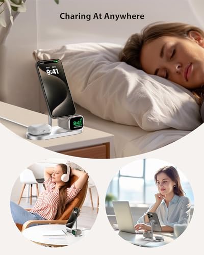 Sleek Aluminum Alloy 3-in-1 Magnetic Wireless Charging Station for Apple Devices – Fast 5 W Charger for i Phone 16/15/14/13/12, Apple Watch 9/8/7/SE & Air Pods – Ideal Travel Accessory for Clutter-Free Charging Solutions