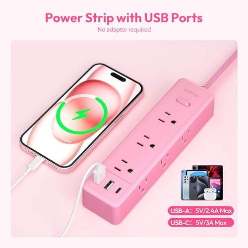 Stylish Pink Surge Protector Power Strip by NTONPOWER – 15 FT Flat Extension Cord with 9 AC Outlets & 3 USB Ports (1 USB-C), 1080 J Surge Protection for Home, Dorm, and Desk Use – Perfect for Women Seeking Efficiency and Aesthetic
