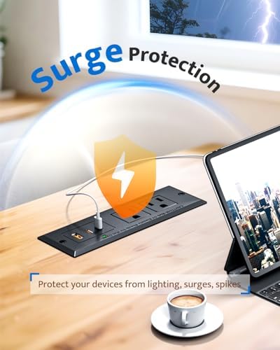 Sleek Recessed Power Strip with 20 W USB-C Fast Charger & USB-A Port – Space-Saving Desk Outlet for Effortless Device Charging, 6 ft Cord & 45° Slim Plug for Easy Access in Furniture – Ideal for Home Office and Conference Rooms