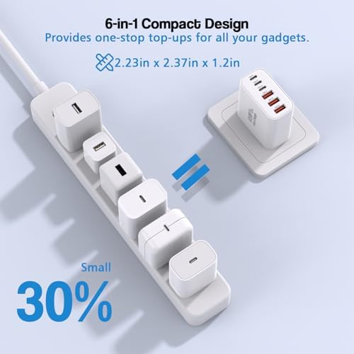 High-Efficiency 65 W Ga N Type-C Wall Charger Block – Ultimate 6-Port Fast Charging Station for i Phone 16, i Pad Pro & Air Pods – Versatile Multi-Device Power Adapter with PD USB-C & QC Support – Compact, Safe Charging Solution for Home, Office & Travel