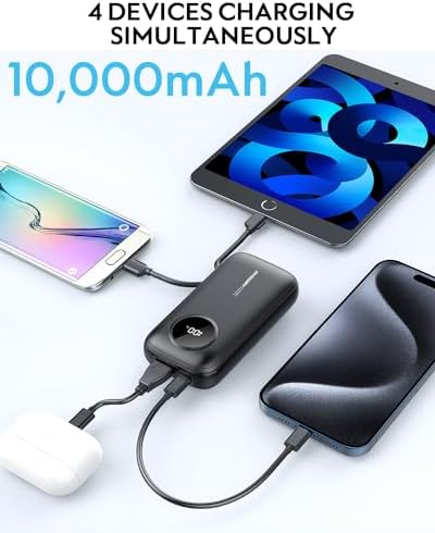 Ayeway Ultra-Compact 10,000 m Ah Portable Power Bank with Integrated Charging Cable – Fast USB C Battery Pack for i Phone, Samsung, and 5 V Heated Vests – Lightweight, Multi-Device Charging Solution for On-the-Go Connectivity