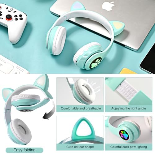 Playful Cat Ear Bluetooth Headphones for Kids – Foldable Over-Ear Design with LED Lights, Safe Listening Volume Control, Built-in Microphone, and Multi-Device Connectivity – Ideal for Music, Movies, and Gaming on i Phones, i Pads, Smartphones, and More!