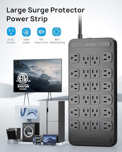 TROND 360° Rotating Surge Protector Power Strip – 24 AC Outlets & 6 Fast Charging USB Ports (37 W) – 4000 Joules Protection for Ultimate Device Safety – 6 ft Heavy Duty Extension Cord for Gaming and Office Use – ETL Listed for Dependable Performance – Essential Power Solution for Dorm Rooms and More