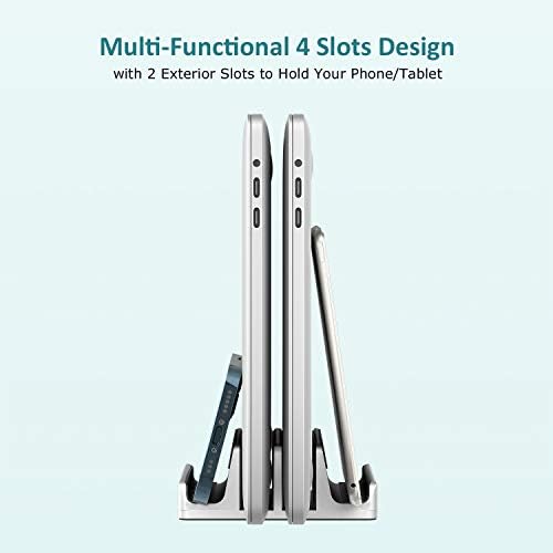 Transform Your Workspace with SPACEMax Premium Vertical Laptop Stand – Adjustable Aluminum Holder for Laptops Up to 17.3” Featuring Advanced Anti-Tip GRIPLock Technology – Versatile 4-Slot Design for Tablets and Phones – Elegant Silver Finish for a Modern Desk Aesthetic – Enhance Your Workflow Efficiency and Posture with Lightweight, Durable Construction