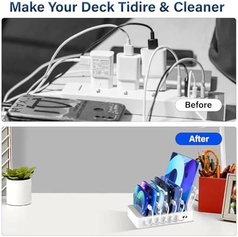 68 W Multi-Device Charging Station: 6-Port USB Dock with 20 W Fast Charging for i Phone, i Pad, and More – Sleek White Design with Included Cables for Ultimate Convenience and Efficiency