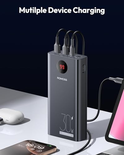 ROMOSS 30000 m Ah High-Capacity Power Bank with 22.5 W Fast Charging – Versatile Portable Charger for Multi-Device Compatibility including i Phone, i Pad Pro, Samsung – Triple Output & Input Design for Effortless Power Management on the Go