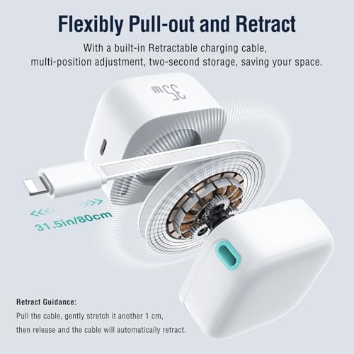 Revolutionary 35 W PD Retractable Charger for i Phone – Versatile Dual Type C Power Adapter with 31.5-Inch Cable | Fast Charging Solution for i Phone 14/13 Pro Max, i Pad, & Air Pods | Compact, Tangle-Free Design for Effortless On-the-Go Power Management
