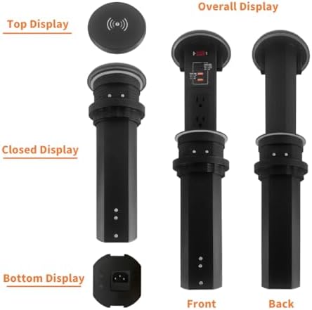 ZESHAN Sleek Pop-Up Power Outlet with 15 W Wireless Charging Station – Dual US Outlets, USB A & USB C PD Fast Charging Ports for Effortless Connectivity at Home or Office – Ideal for Conference Tables and Kitchen Counters, Modern Black Finish