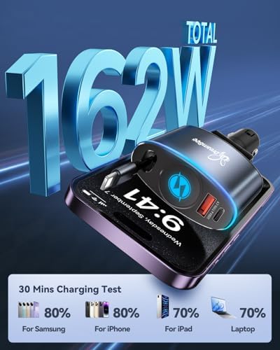Ultimate 162 W 3-in-1 Retractable Car Charger for i Phone and Samsung – Super Fast Charging with 35.4-Inch Cable and Dual USB Ports for On-the-Go Power Connectivity – Essential Travel Accessory for Efficient Device Charging