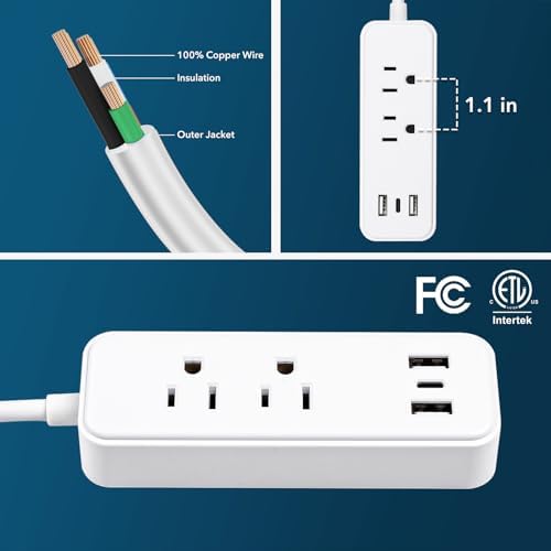 Elevate Your Charging Game with the Clear Power 2-Outlet Power Strip – 6 ft Flat Plug Power Station Featuring 3 USB Ports (1 USB-C) for Rapid Device Charging, Ideal for Home, Office & Travel, Durable & Compact Design, White, Model DC3 S-1102-DC