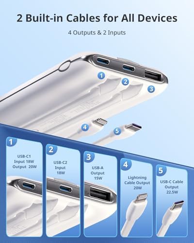 Compact 10,000 m Ah Portable Power Bank with Built-in Cables – 20 W PD Fast Charging Battery Pack for i Phone, Samsung, and Android Devices – Lightweight Travel Charger with LED Indicator and Enhanced Safety Features – Essential Power Solution for On-the-Go Charging