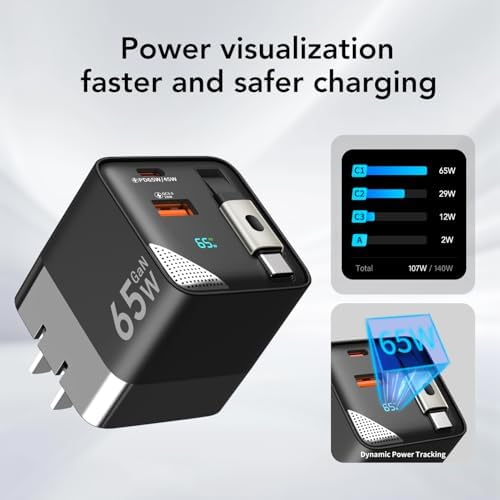 65 W Ga N Retractable USB-C Charger | Ultimate 3-in-1 Power Block for Mac Book Pro/Air, i Phone 16/15 & Galaxy Z Fold/Flip7 FE | Compact Travel Adapter with Dual Ports for Effortless Universal Compatibility | Optimal PD & PPS Charging for Maximum Efficiency