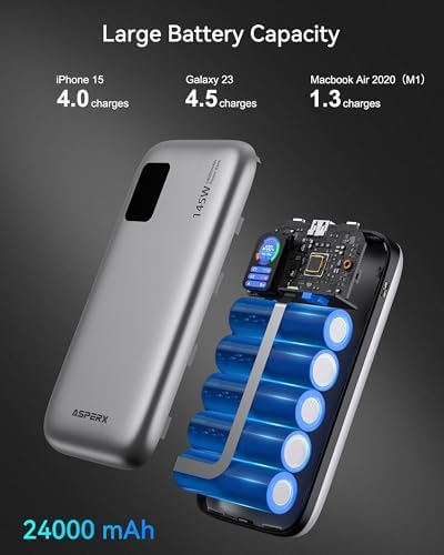 Asper X 24,000 m Ah Power Bank – 145 W High-Speed Portable Charger with Smart TFT Display and PD 3.1 Fast Charging, 3 USB-C Ports for Mac Book, i Phone 16/15/14/13, Dell XPS, Galaxy S24, Steam Deck – Ultimate Power Solution for Travelers and Gamers