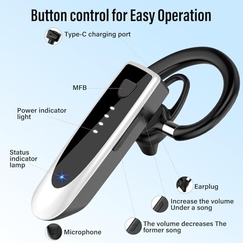 Atheewon Bluetooth Earpiece: Premium Wireless Headset with Advanced Noise-Cancellation | 20-Hour Talk Time & 180-Hour Standby for Ultimate Convenience | Perfectly Ergonomic Design in Modern Silver and White | Bluetooth 5.4 Technology for Reliable Connectivity | Ideal for Business Professionals, Truckers, and Drivers Seeking Crystal-Clear Communication