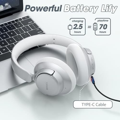 Unleash Your Audio Potential with BERIBES Premium Hybrid Active Noise Cancelling Headphones – Wireless Freedom, 70-Hour Playtime, Deep Bass Enrichment, Ergonomic Comfort, Fast Charging, and Versatile 3.5 mm Cable in Vibrant Blue for All-Day Enjoyment