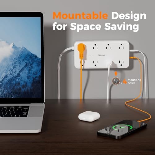 TESSAN 8-Outlet Surge Protector Power Strip with 3 USB Ports (1 USB-C) – 1080 Joules of Safety, Wall-Mountable Extension Cord for Home, Office, and Dorm – Ultimate Charging Hub for Multiple Devices and Enhanced Protection