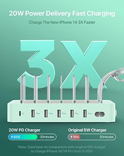 Soo Pii 60 W 6-Port USB-C Charging Station with 20 W Fast Charge – Multi-Device Power Hub for i Phone 14/13/12, Includes 6 Short Cables & 2-in-1 Holder for Organized Charging – Perfect for Home, Office & Travel