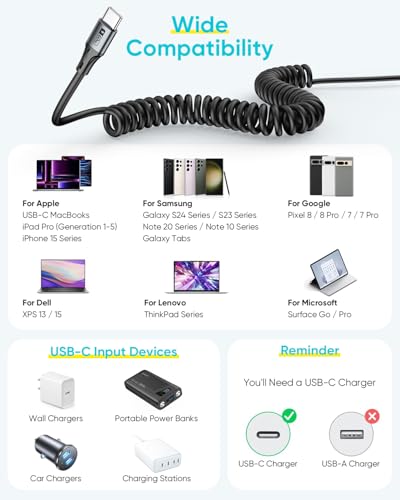 SUNGUY Coiled USB C to USB C Cable,2Pack 60W [1.5FT-5FT] USBC to USBC Android Auto & Carplay Cable for iPhone 16/15/ Pro/Pro Max, Samsung Galaxy S24/S3/S22, iPad Pro – Enhanced Compatibility and Speed