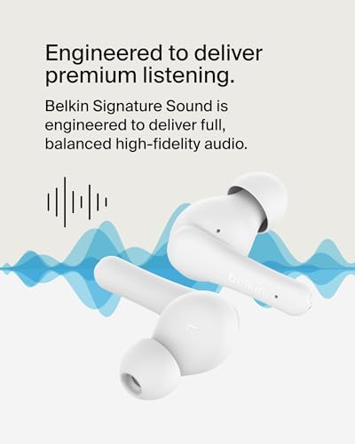 Belkin Sound Form Rhythm True Wireless Earbuds – Superior Sound Quality with 28-Hour Playtime, IPX5 Water-Resistant Design, and Integrated Microphone for Effortless Calls – Fast USB-C Charging for i Phone, i Pad, Galaxy, Pixel & More – Ideal for Active Lifestyles in Sleek White Finish