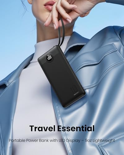 Sleek 10,000 m Ah Ultra-Slim Portable Power Bank – Essential Travel Charger with Integrated Cables, 5 Outputs & 2 Inputs, LED Battery Monitor – Universal Compatibility for i Phone & Android Devices – Chic Pink Design for Effortless On-the-Go Charging