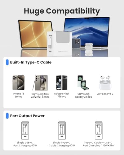 Revolutionary 40 W Fast Charging Portable USB Phone Charger Block with Retractable 31.5-inch Lightning Cable – Compact Wall Adapter with USB-C Port and Foldable Plug for i Phone 14/13/12, Perfect for Travel and Everyday Use