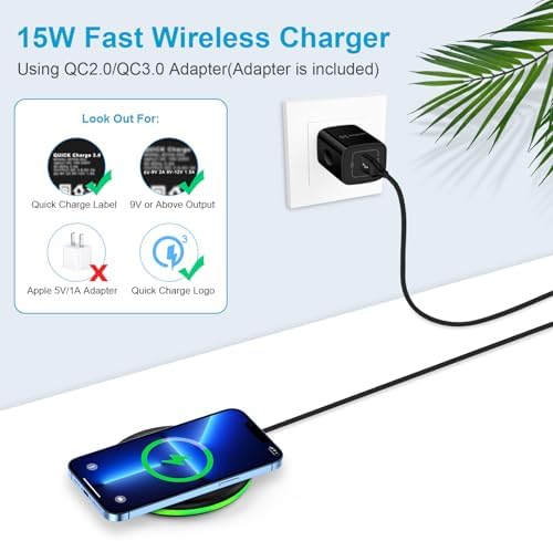 15 W Fast Android Wireless Charging Pad with QC 3.0 Adapter for Moto Edge, Samsung Galaxy S Series, and Google Pixel – Ultimate Charging Convenience with Through-Case Capability, Enhanced Safety Features, and Non-Slip Design for All Qi-Enabled Devices