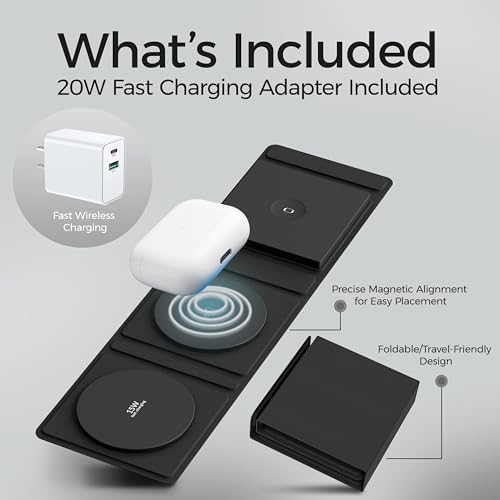 Ultimate 3-in-1 Magnetic Wireless Charger for Apple Devices – Foldable Travel Adapter for i Phone 16/15/14/13/Pro/Max, Apple Watch, and Air Pods – 20 W Rapid Charging Power Supply Included for Unmatched Convenience and Enhanced Compatibility
