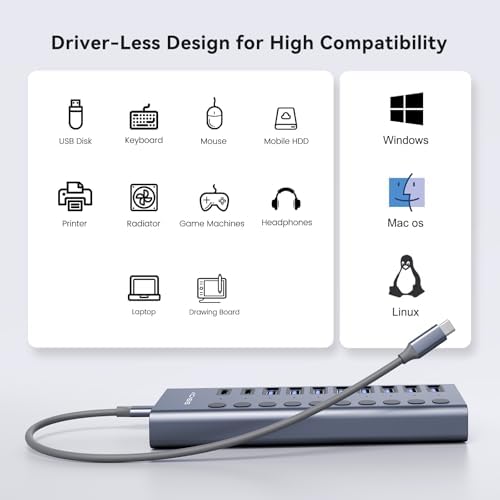 Unleash Your Productivity with the ACASIS 10-Port USB C Hub – Ultra-Fast 10 Gbps Data Transfer, 60 W Power Adapter, Individual Port Control, and Stylish Aluminum Build for Seamless Multi-Device Connectivity in Any Professional Environment