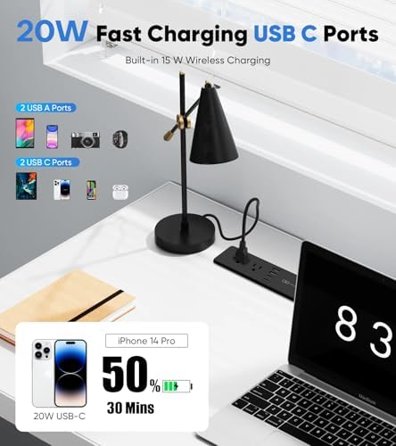 Revolutionary 20 W Recessed Power Strip with 15 W Wireless Charger – Ultimate Flush Mount Charging Solution Featuring 4 USB Ports (2 USB-C) for Enhanced Device Compatibility, Ideal for Home and Office Setup with 6 FT Cable and Built-In Surge Protection