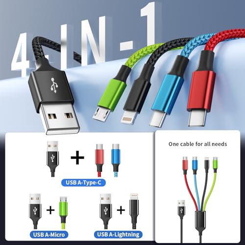 Versatile 4-in-1 Nylon Braided Charging Cable – 2 Pack, 5 FT Length, Fast Charging Universal USB Cable for Lightning, USB-C, and Micro USB Devices, Optimized for High-Speed Connectivity and Enhanced Durability, Ideal for Phones, Tablets, and More