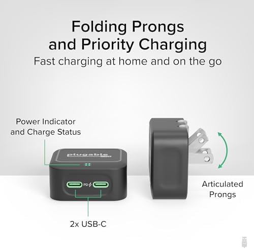 Dual USB-C 40 W Fast Charging Wall Adapter – Compact Plugable Power Charger for i Phone 16, i Pad, Air Pods, Samsung Galaxy, Google Pixel – Foldable Design for Portability and Versatile Use in Home or Travel – Sleek Black Finish for Modern Aesthetics and Enhanced Device Compatibility